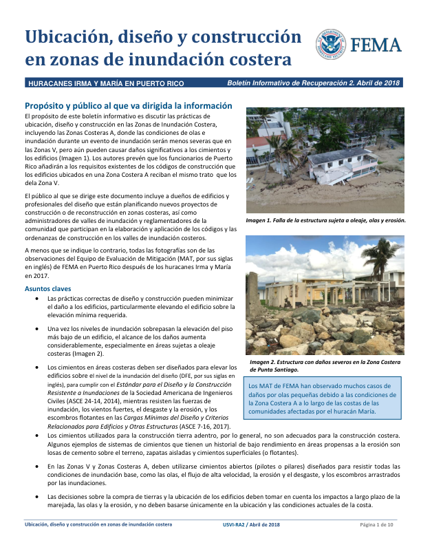 Ubicación, diseño y construcción en zonas de inundación costera